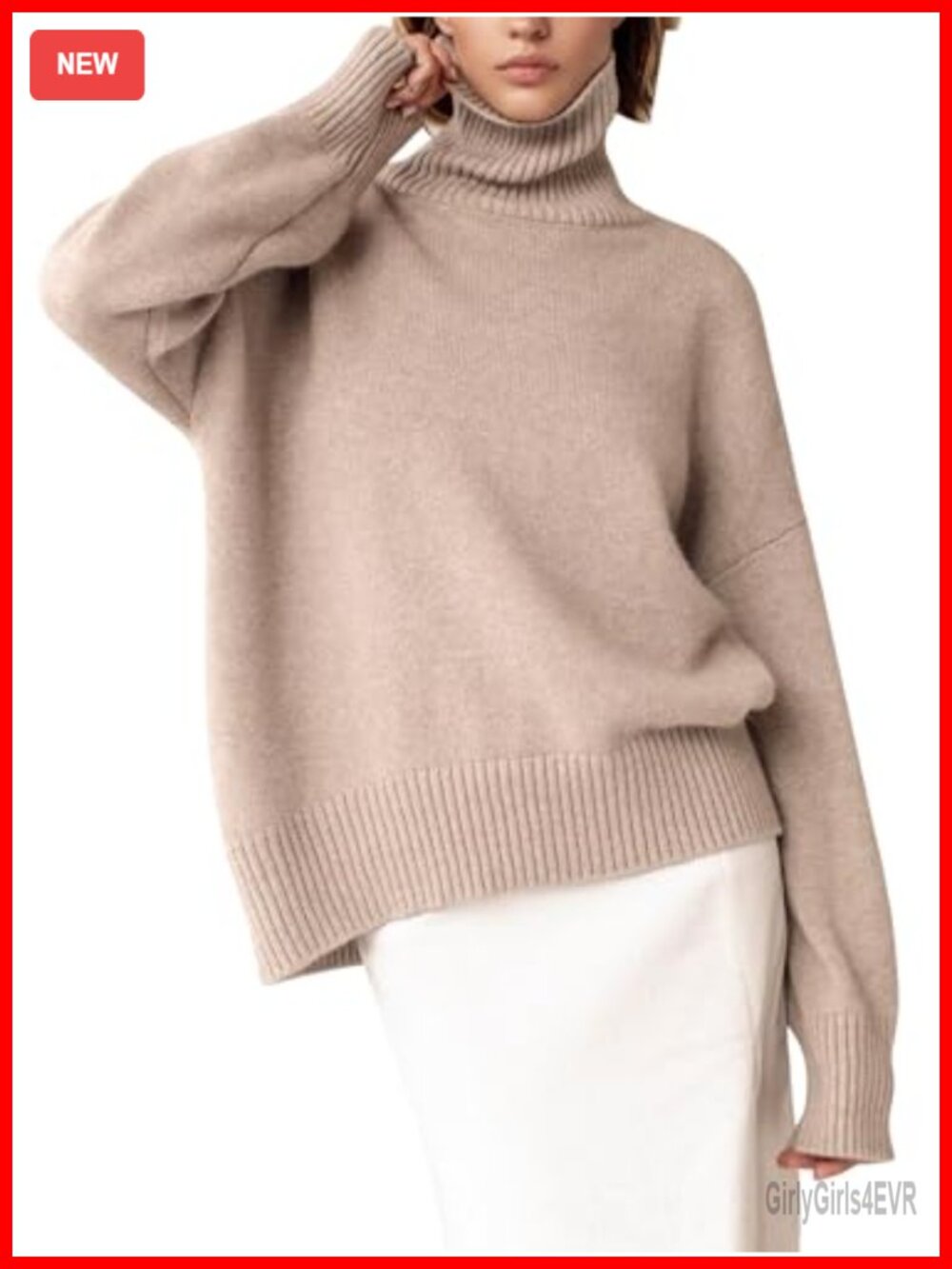 Chunky Knit Turtleneck Pullover Sweater Long Sleeve High Low Hem Oversized